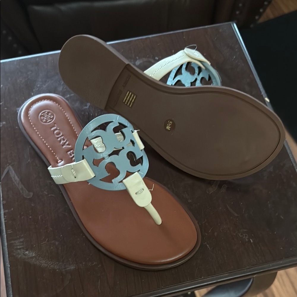 Tory Burch Brown and Cream Logo Sandals